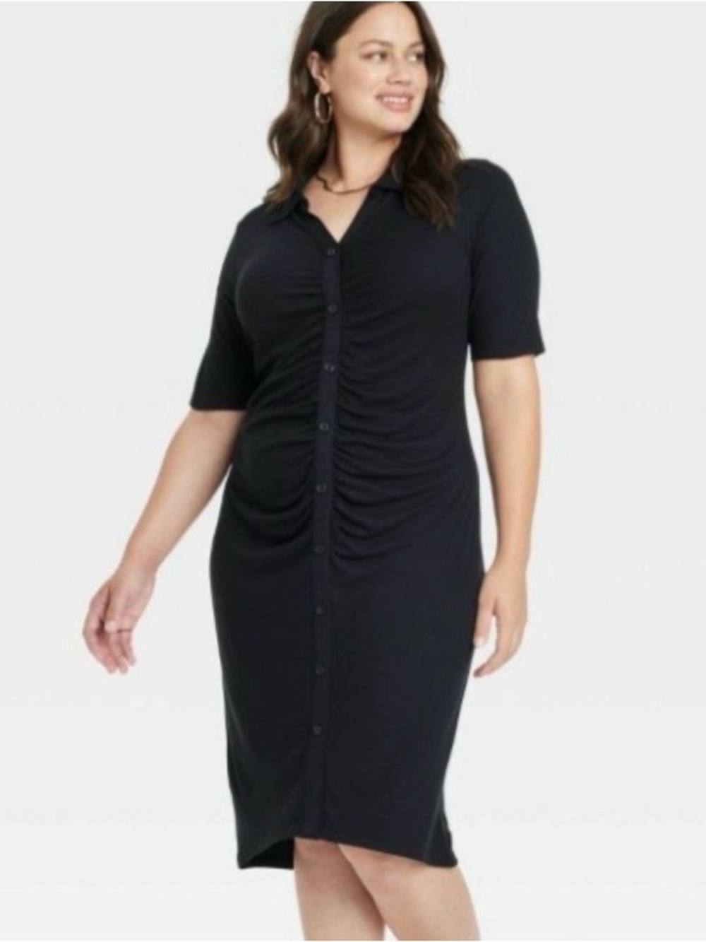 Ava & Viv Black Ruched Button-Front Midi Shirt Dress